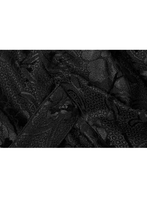Flocking Printing Jacquard Horn Sleeve Lace-Up Waist Seal Lace Hem Black Gothic Dress