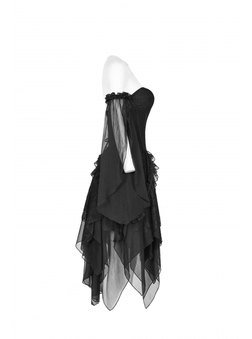 Black Lolita Lace Mesh Imitation Silk Crepe Off-Shoulder Long Sleeve Back Lace-Up Irregular Sharp Corners Hem Gothic Dress