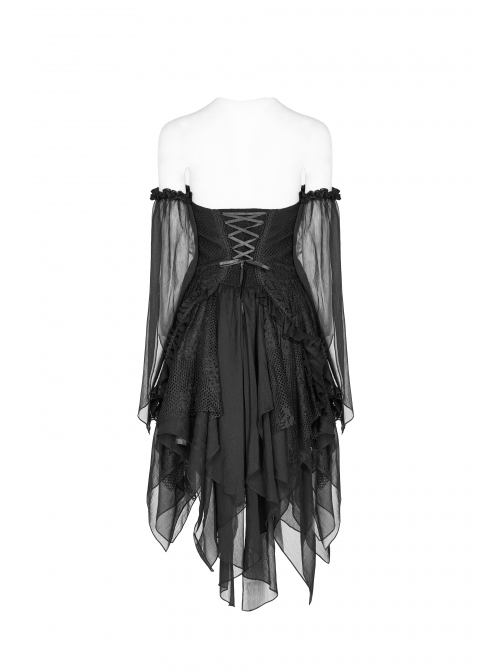 Black Lolita Lace Mesh Imitation Silk Crepe Off-Shoulder Long Sleeve Back Lace-Up Irregular Sharp Corners Hem Gothic Dress
