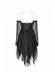 Black Lolita Lace Mesh Imitation Silk Crepe Off-Shoulder Long Sleeve Back Lace-Up Irregular Sharp Corners Hem Gothic Dress