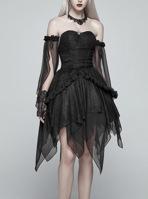 Black Lolita Lace Mesh Imitation Silk Crepe Off-Shoulder Long Sleeve Back Lace-Up Irregular Sharp Corners Hem Gothic Dress