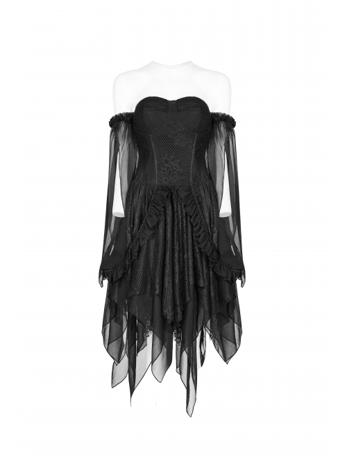 Black Lolita Lace Mesh Imitation Silk Crepe Off-Shoulder Long Sleeve Back Lace-Up Irregular Sharp Corners Hem Gothic Dress