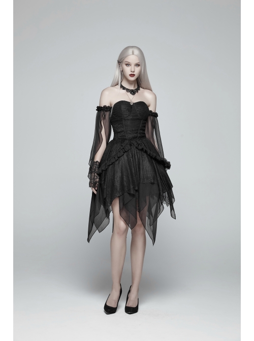 Black Lolita Lace Mesh Imitation Silk Crepe Off-Shoulder Long Sleeve Back Lace-Up Irregular Sharp Corners Hem Gothic Dress