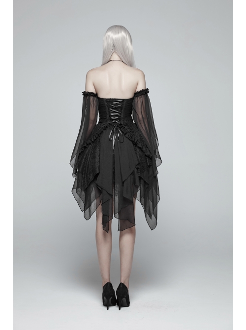 Black Lolita Lace Mesh Imitation Silk Crepe Off-Shoulder Long Sleeve Back Lace-Up Irregular Sharp Corners Hem Gothic Dress