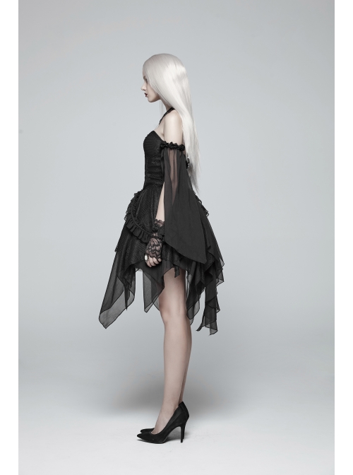 Black Lolita Lace Mesh Imitation Silk Crepe Off-Shoulder Long Sleeve Back Lace-Up Irregular Sharp Corners Hem Gothic Dress