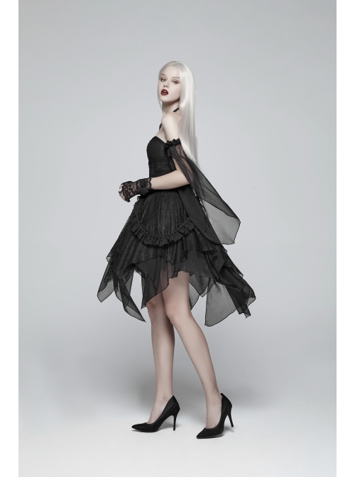 Black Lolita Lace Mesh Imitation Silk Crepe Off-Shoulder Long Sleeve Back Lace-Up Irregular Sharp Corners Hem Gothic Dress