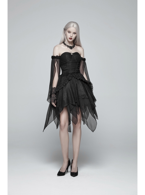 Black Lolita Lace Mesh Imitation Silk Crepe Off-Shoulder Long Sleeve Back Lace-Up Irregular Sharp Corners Hem Gothic Dress