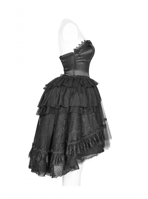 Lolita Mercerizing Forging Off-Shoulder Back Lace-Up Many Layers Lace Chiffon Bubble Hem Black Gothic Dress