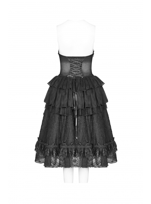 Lolita Mercerizing Forging Off-Shoulder Back Lace-Up Many Layers Lace Chiffon Bubble Hem Black Gothic Dress