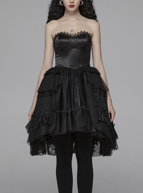 Lolita Mercerizing Forging Off-Shoulder Back Lace-Up Many Layers Lace Chiffon Bubble Hem Black Gothic Dress