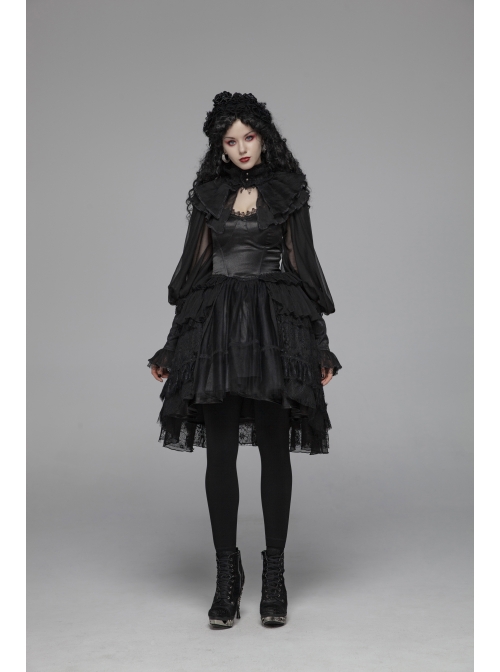 Lolita Mercerizing Forging Off-Shoulder Back Lace-Up Many Layers Lace Chiffon Bubble Hem Black Gothic Dress