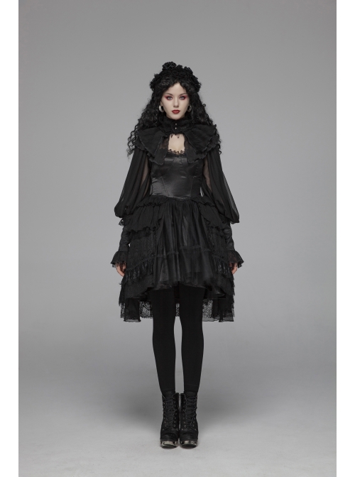 Lolita Mercerizing Forging Off-Shoulder Back Lace-Up Many Layers Lace Chiffon Bubble Hem Black Gothic Dress