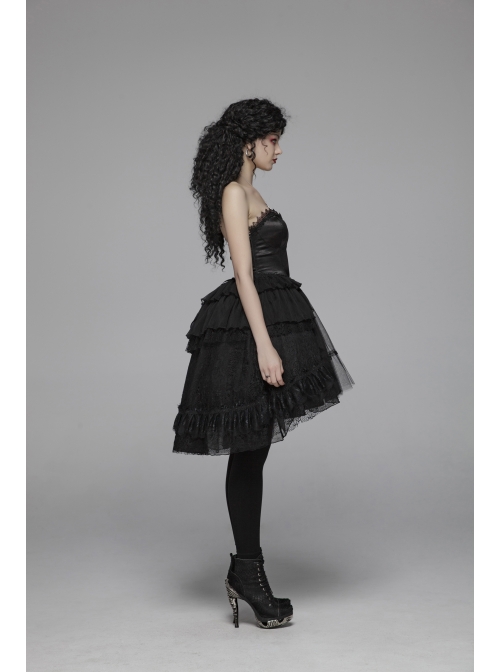 Lolita Mercerizing Forging Off-Shoulder Back Lace-Up Many Layers Lace Chiffon Bubble Hem Black Gothic Dress
