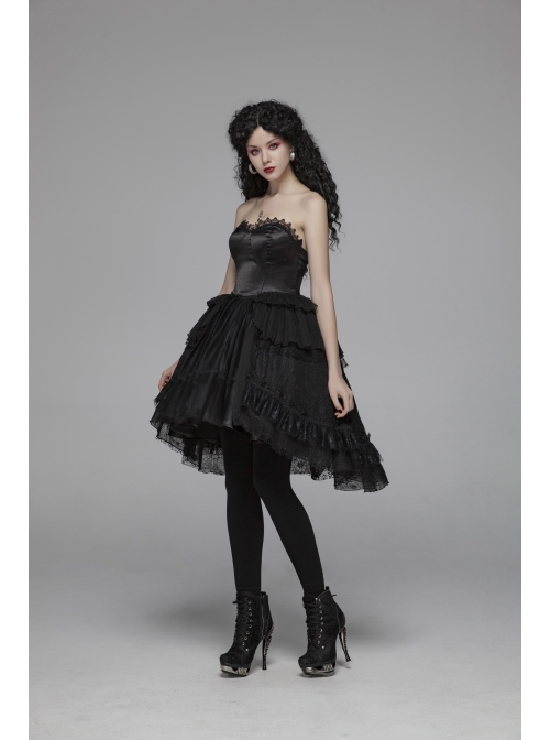 Lolita Mercerizing Forging Off-Shoulder Back Lace-Up Many Layers Lace Chiffon Bubble Hem Black Gothic Dress