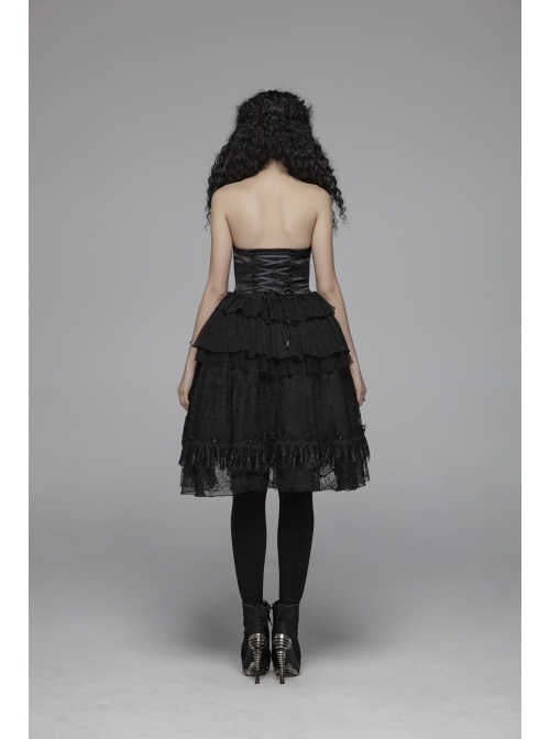 Lolita Mercerizing Forging Off-Shoulder Back Lace-Up Many Layers Lace Chiffon Bubble Hem Black Gothic Dress