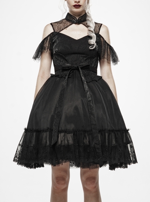 Black Jacquard Stand-Up Collar Metal Plate Buckle Chest Hollow-Out Back Lace-Up Lace Hem Gothic Dress