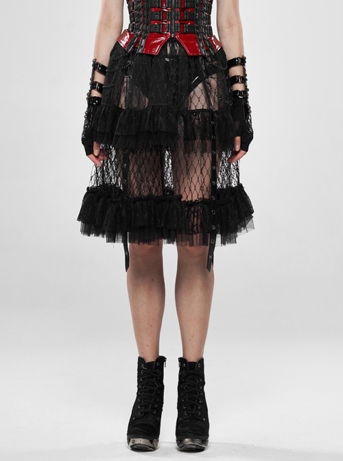Large Coarse Mesh Restoring Ancient Ways Decorative Pattern Buckle Leather Strips Chain Decoration Lace Frill Hem Black Punk Skirt