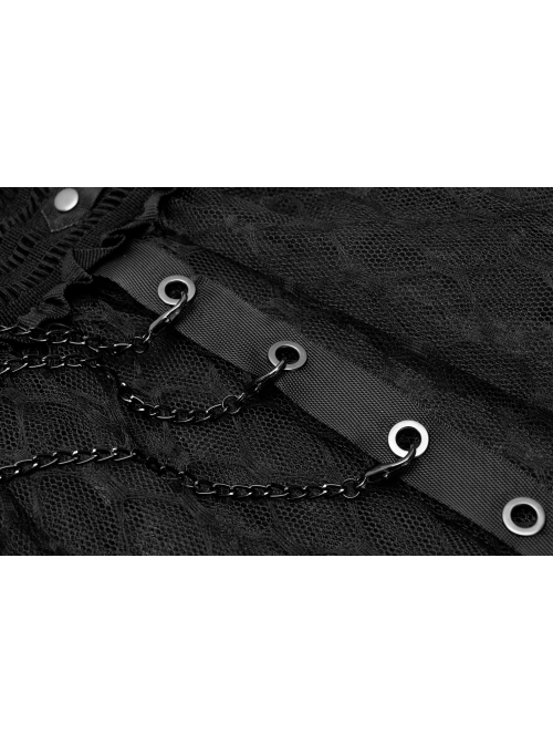 Large Coarse Mesh Restoring Ancient Ways Decorative Pattern Buckle Leather Strips Chain Decoration Lace Frill Hem Black Punk Skirt