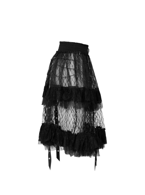 Large Coarse Mesh Restoring Ancient Ways Decorative Pattern Buckle Leather Strips Chain Decoration Lace Frill Hem Black Punk Skirt