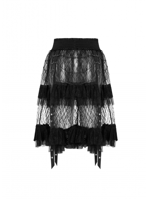 Large Coarse Mesh Restoring Ancient Ways Decorative Pattern Buckle Leather Strips Chain Decoration Lace Frill Hem Black Punk Skirt