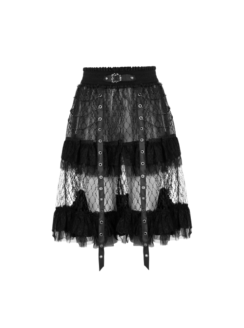 Large Coarse Mesh Restoring Ancient Ways Decorative Pattern Buckle Leather Strips Chain Decoration Lace Frill Hem Black Punk Skirt