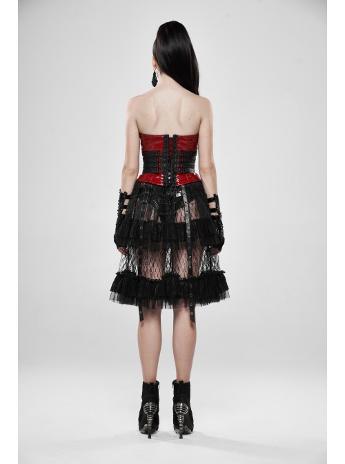 Large Coarse Mesh Restoring Ancient Ways Decorative Pattern Buckle Leather Strips Chain Decoration Lace Frill Hem Black Punk Skirt