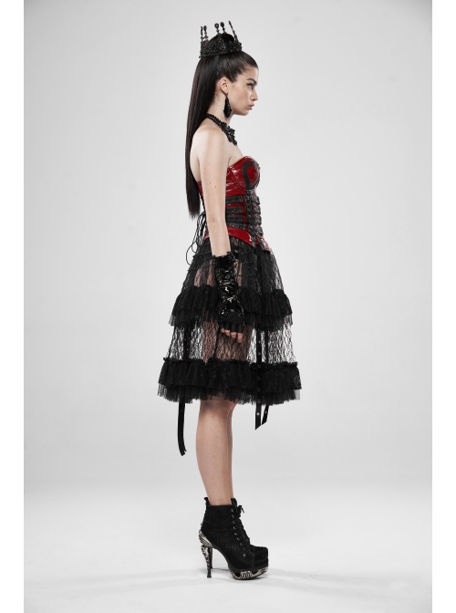 Large Coarse Mesh Restoring Ancient Ways Decorative Pattern Buckle Leather Strips Chain Decoration Lace Frill Hem Black Punk Skirt