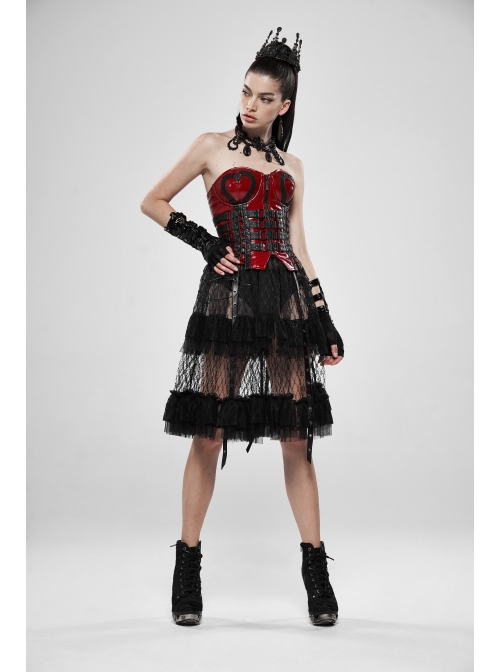 Large Coarse Mesh Restoring Ancient Ways Decorative Pattern Buckle Leather Strips Chain Decoration Lace Frill Hem Black Punk Skirt