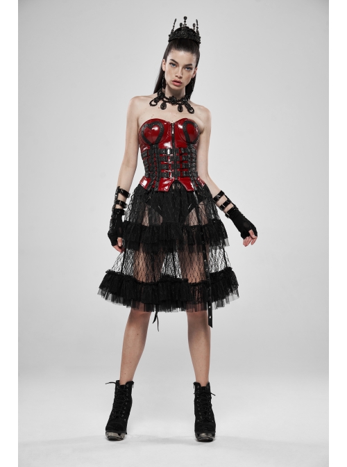 Large Coarse Mesh Restoring Ancient Ways Decorative Pattern Buckle Leather Strips Chain Decoration Lace Frill Hem Black Punk Skirt