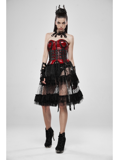 Large Coarse Mesh Restoring Ancient Ways Decorative Pattern Buckle Leather Strips Chain Decoration Lace Frill Hem Black Punk Skirt