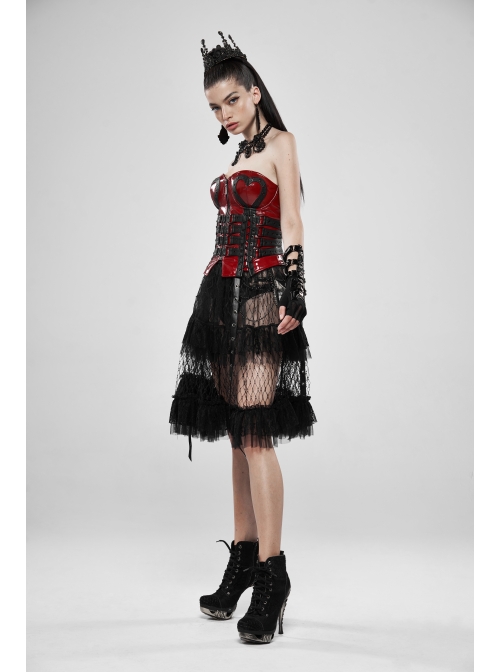 Large Coarse Mesh Restoring Ancient Ways Decorative Pattern Buckle Leather Strips Chain Decoration Lace Frill Hem Black Punk Skirt