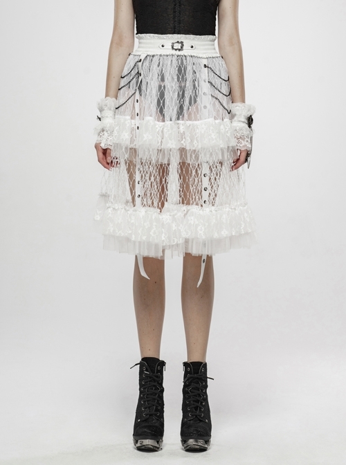 Large Coarse Mesh Restoring Ancient Ways Decorative Pattern Buckle Leather Strips Chain Decoration Lace Frill Hem White Punk Skirt