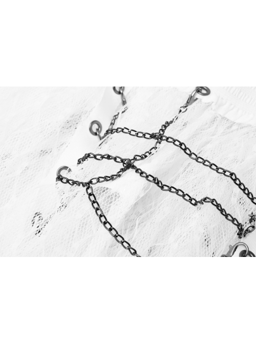 Large Coarse Mesh Restoring Ancient Ways Decorative Pattern Buckle Leather Strips Chain Decoration Lace Frill Hem White Punk Skirt
