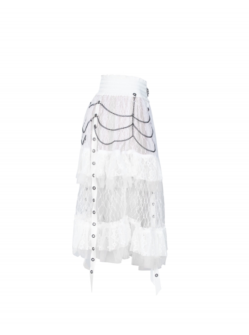 Large Coarse Mesh Restoring Ancient Ways Decorative Pattern Buckle Leather Strips Chain Decoration Lace Frill Hem White Punk Skirt