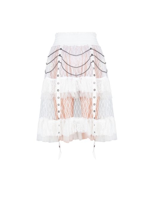 Large Coarse Mesh Restoring Ancient Ways Decorative Pattern Buckle Leather Strips Chain Decoration Lace Frill Hem White Punk Skirt