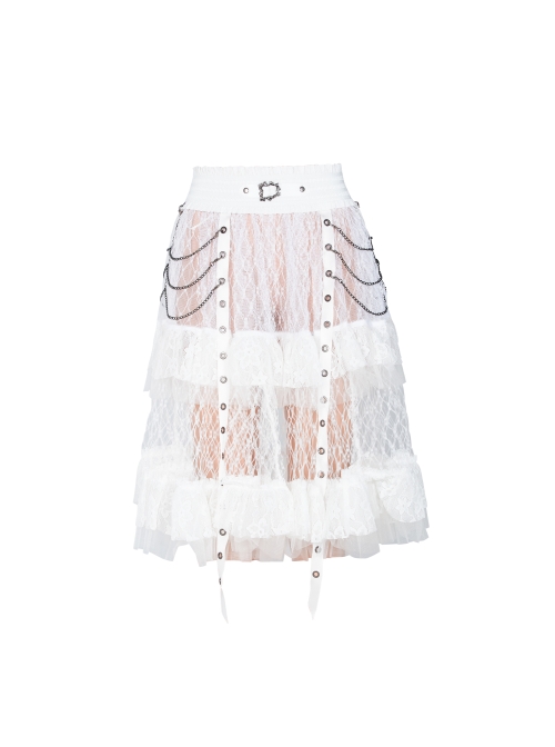 Large Coarse Mesh Restoring Ancient Ways Decorative Pattern Buckle Leather Strips Chain Decoration Lace Frill Hem White Punk Skirt