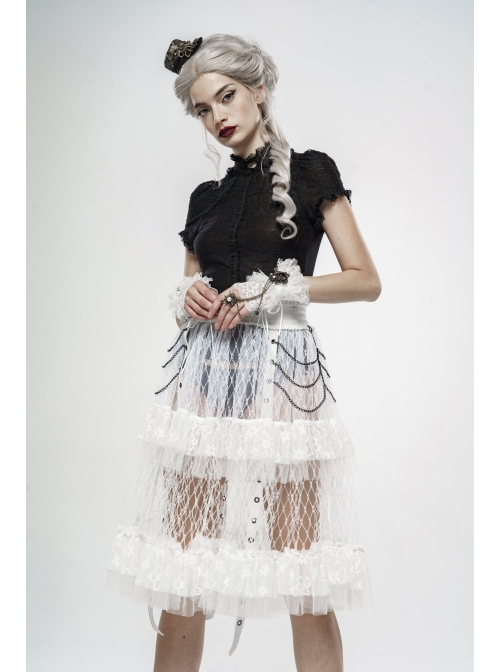 Large Coarse Mesh Restoring Ancient Ways Decorative Pattern Buckle Leather Strips Chain Decoration Lace Frill Hem White Punk Skirt