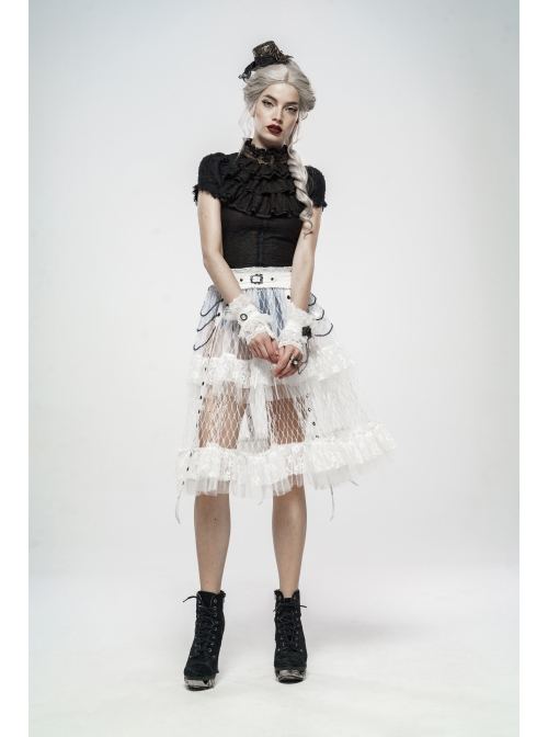 Large Coarse Mesh Restoring Ancient Ways Decorative Pattern Buckle Leather Strips Chain Decoration Lace Frill Hem White Punk Skirt
