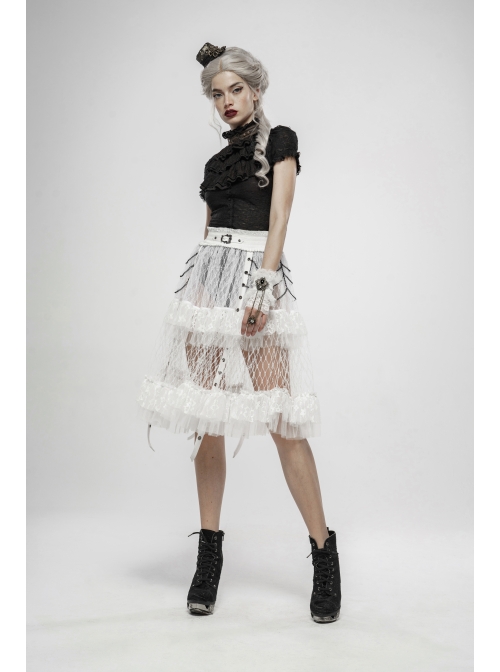 Large Coarse Mesh Restoring Ancient Ways Decorative Pattern Buckle Leather Strips Chain Decoration Lace Frill Hem White Punk Skirt
