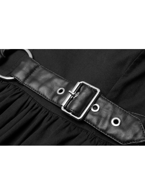 Lolita Stand-Up Collar Shoulder Small Fly Sleeves Waist Thick Iron Ring Belt Back Lace-Up Black Punk Dress