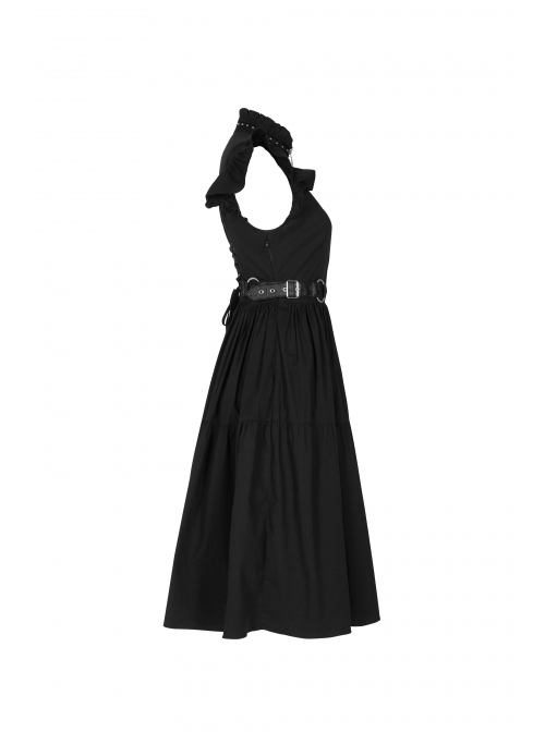Lolita Stand-Up Collar Shoulder Small Fly Sleeves Waist Thick Iron Ring Belt Back Lace-Up Black Punk Dress