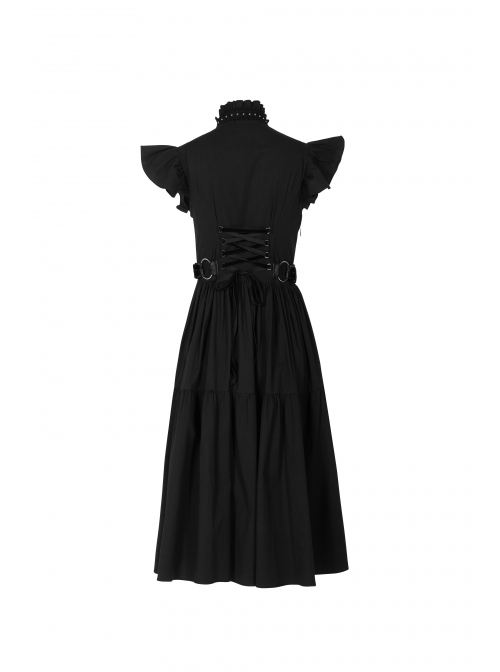 Lolita Stand-Up Collar Shoulder Small Fly Sleeves Waist Thick Iron Ring Belt Back Lace-Up Black Punk Dress