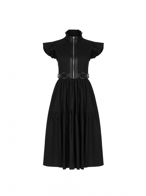Lolita Stand-Up Collar Shoulder Small Fly Sleeves Waist Thick Iron Ring Belt Back Lace-Up Black Punk Dress