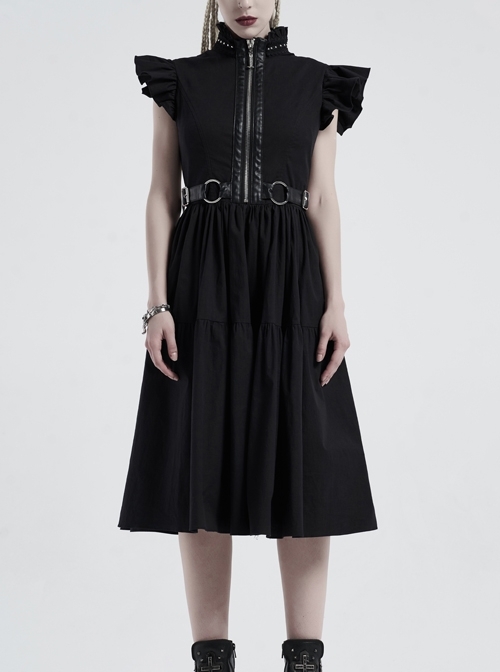 Lolita Stand-Up Collar Shoulder Small Fly Sleeves Waist Thick Iron Ring Belt Back Lace-Up Black Punk Dress