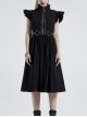 Lolita Stand-Up Collar Shoulder Small Fly Sleeves Waist Thick Iron Ring Belt Back Lace-Up Black Punk Dress
