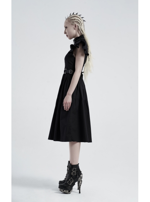 Lolita Stand-Up Collar Shoulder Small Fly Sleeves Waist Thick Iron Ring Belt Back Lace-Up Black Punk Dress
