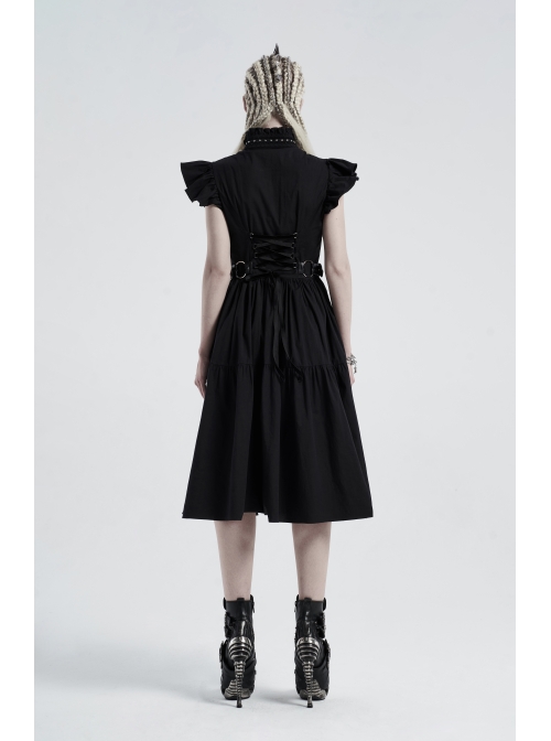 Lolita Stand-Up Collar Shoulder Small Fly Sleeves Waist Thick Iron Ring Belt Back Lace-Up Black Punk Dress