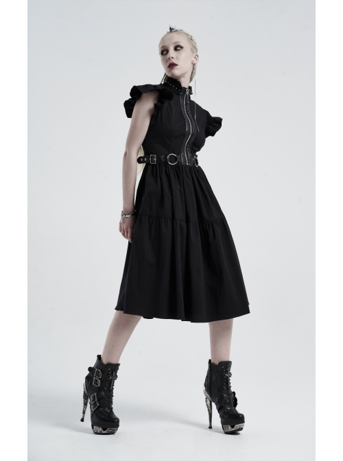 Lolita Stand-Up Collar Shoulder Small Fly Sleeves Waist Thick Iron Ring Belt Back Lace-Up Black Punk Dress