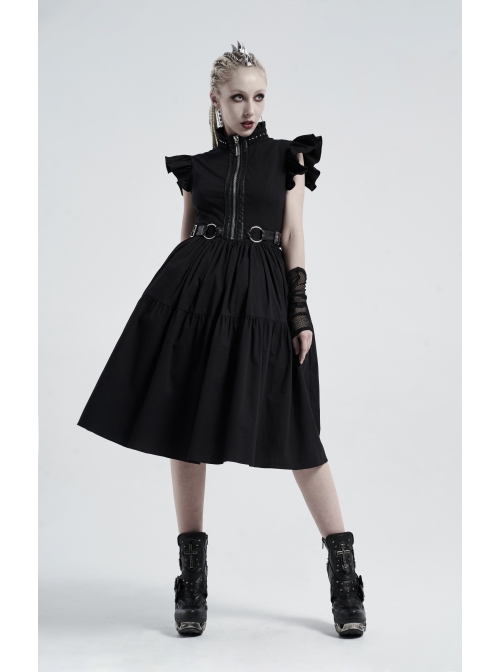 Lolita Stand-Up Collar Shoulder Small Fly Sleeves Waist Thick Iron Ring Belt Back Lace-Up Black Punk Dress
