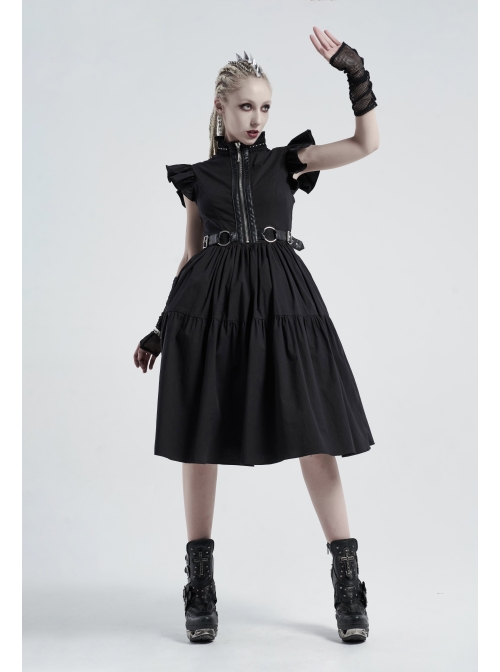 Lolita Stand-Up Collar Shoulder Small Fly Sleeves Waist Thick Iron Ring Belt Back Lace-Up Black Punk Dress